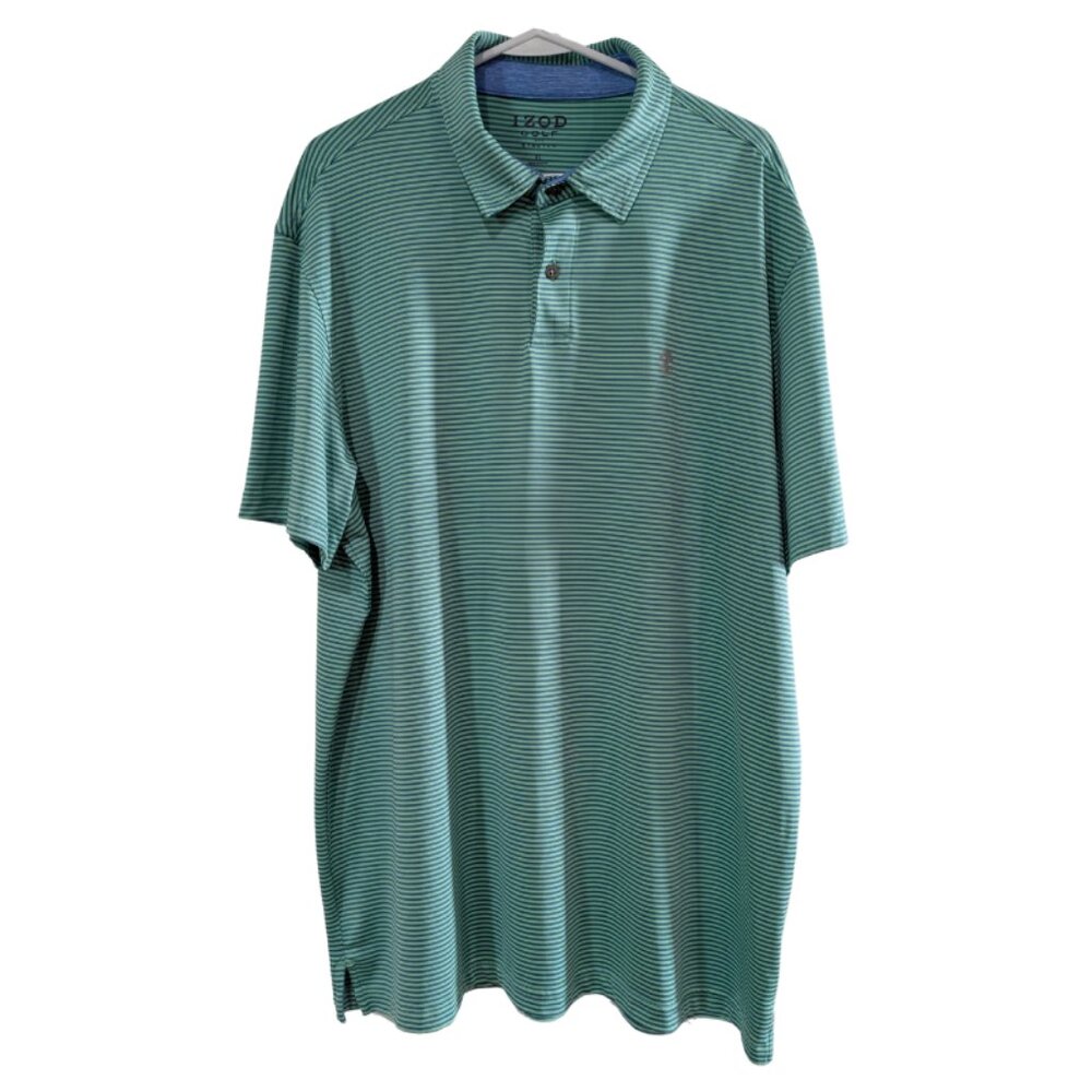 Izod Men's Golf Stretch Polo Shirt Short Sleeve, Blue Green Stripe, Size XL